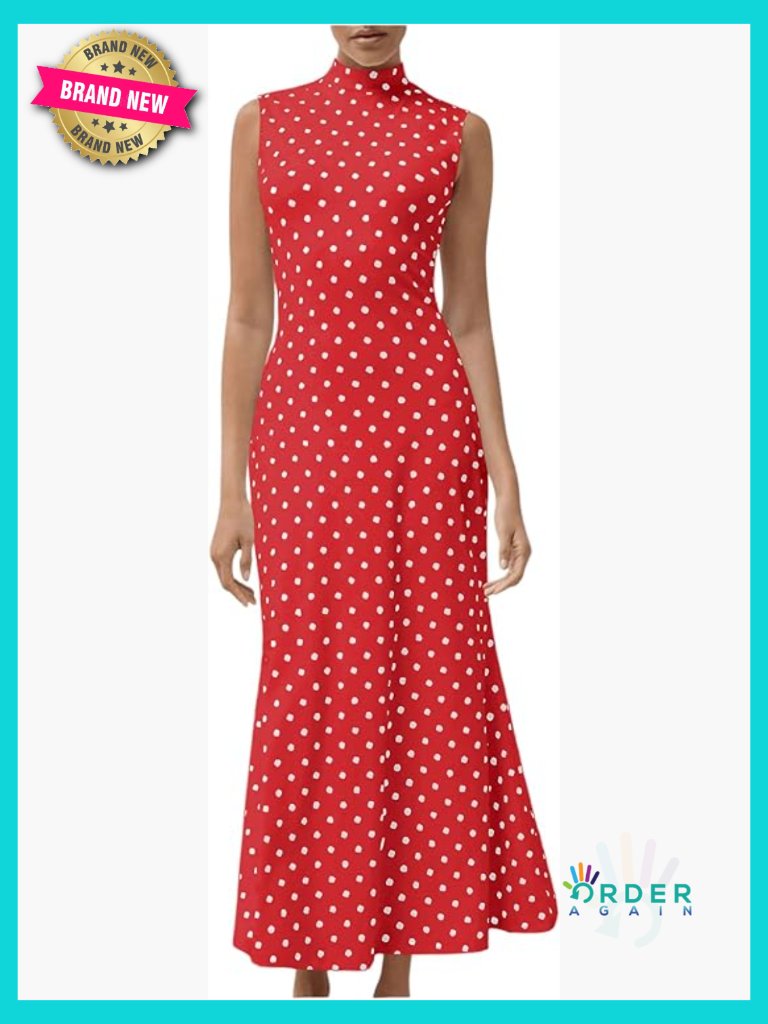 Polka Dot Maxi Tank Dress Mock Neck Sleeveless Bodycon Elegant Long Dress